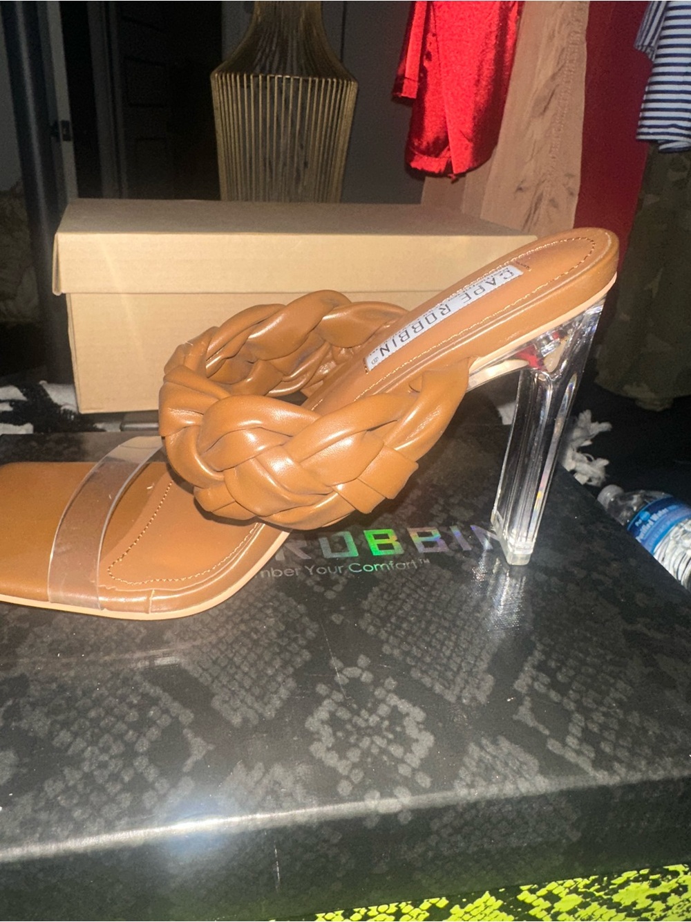Cape Robbin Tan Braided Slide with Clear Stiletto Heel